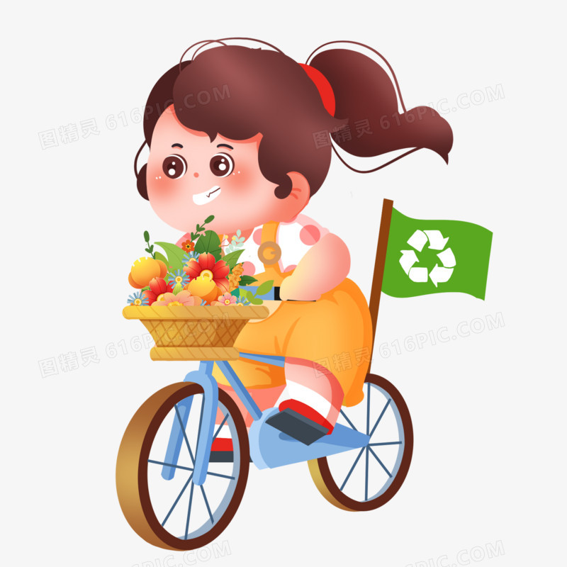 创意插画环保节能骑单车的女生免抠元素