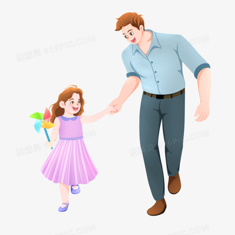 手绘爸爸牵着女儿的手玩耍场景免抠元素