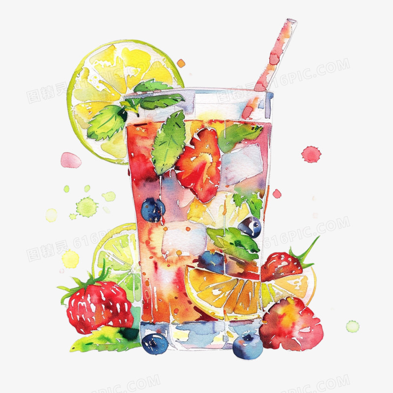 水彩插画夏日氛围感水果冰饮品免抠元素