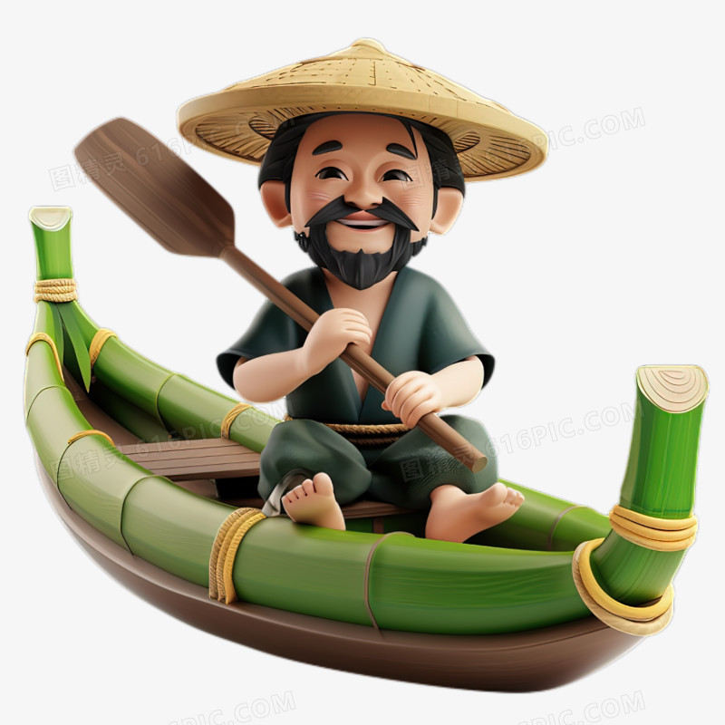 卡通3D船夫划木舟免抠元素