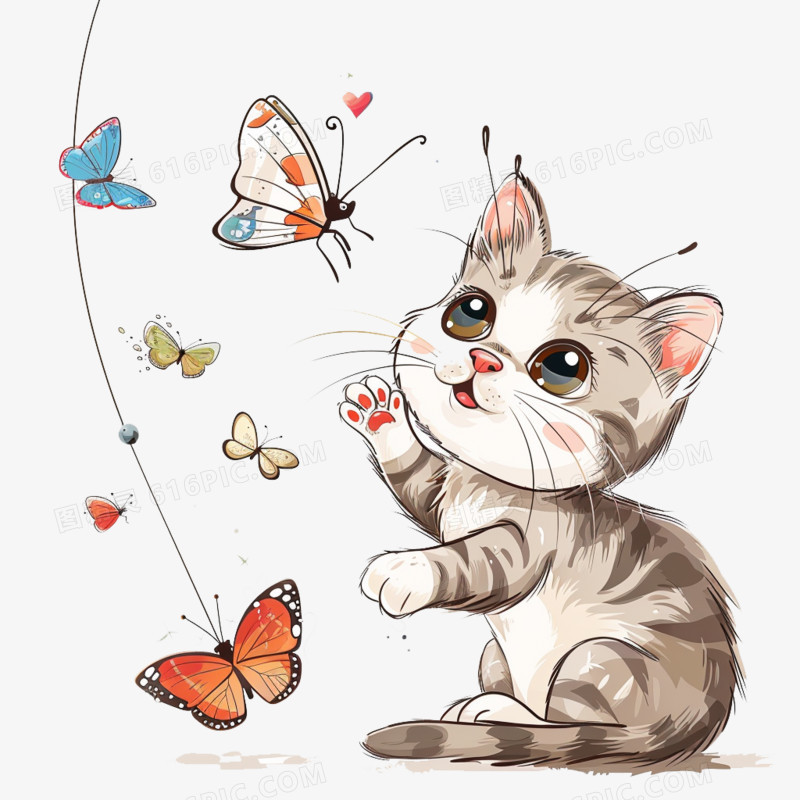 可爱卡通猫咪抓蝴蝶免抠元素