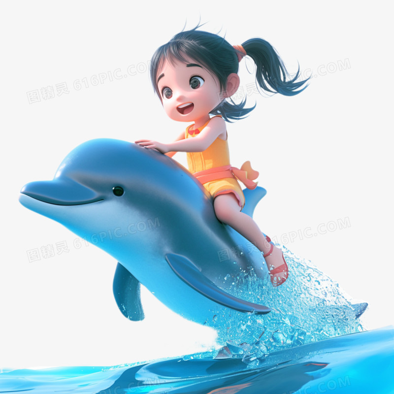 3D卡通风海洋日小女孩骑海豚在水面滑行免抠元素
