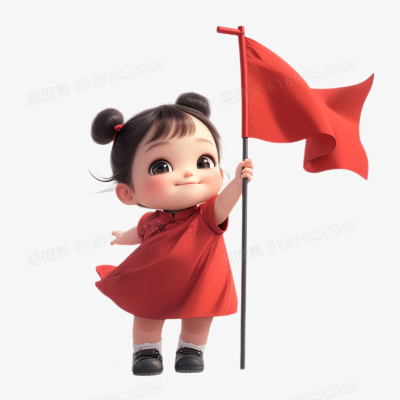 卡通风小女孩手持红旗免抠元素