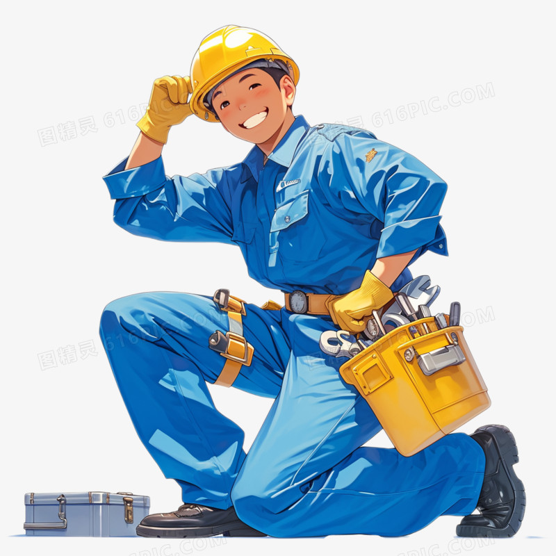 卡通风蓝色衣服建筑工人免抠元素