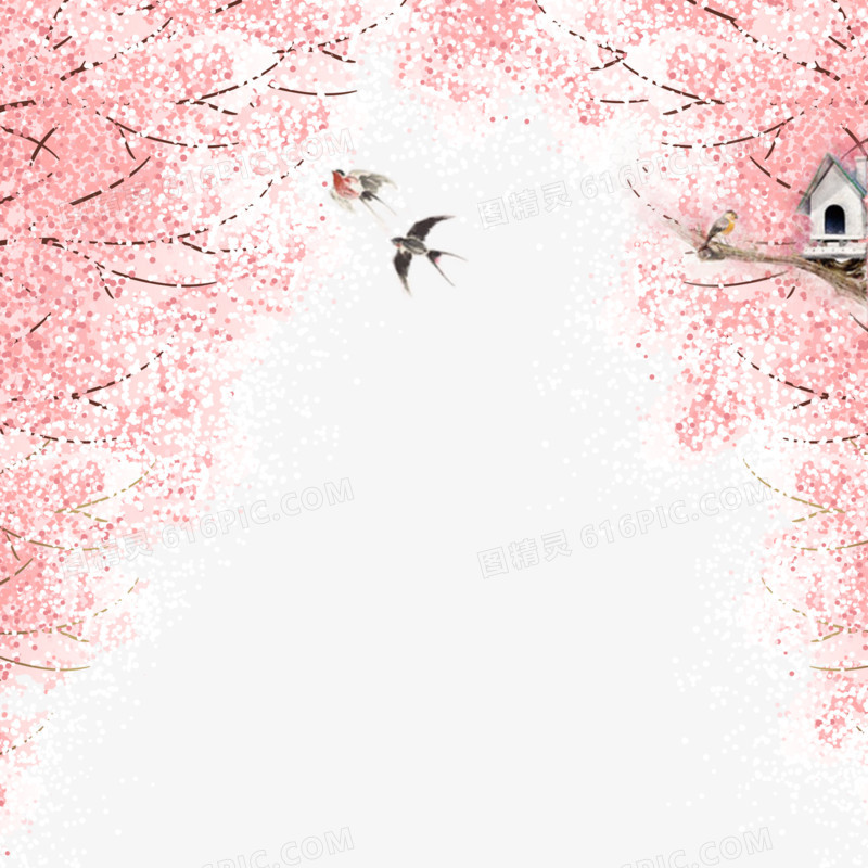 樱花树上的房子及鸟