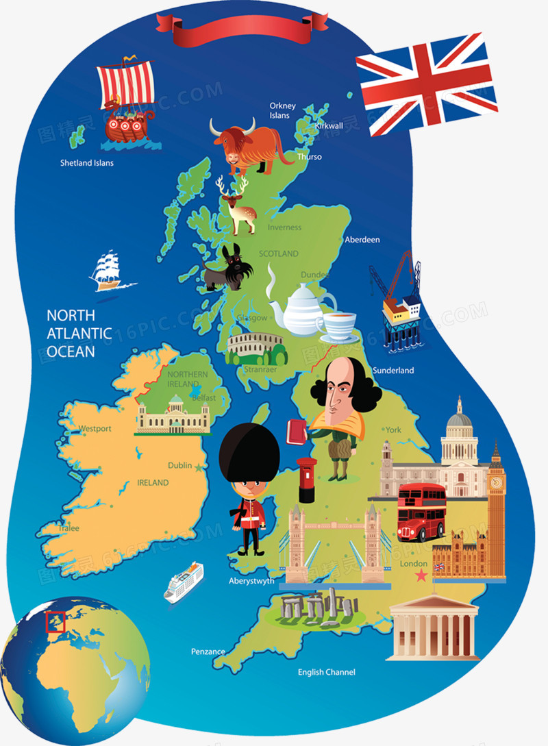 缤纷卡通英国旅游地图