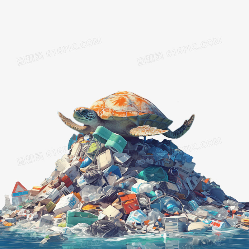卡通风海洋日海边海洋垃圾免抠元素