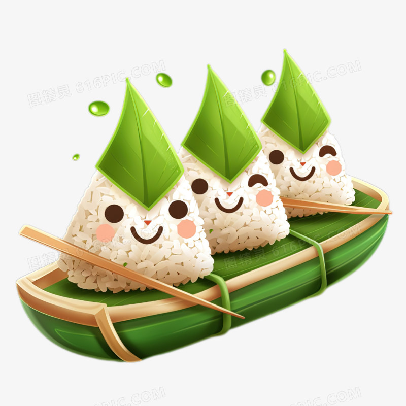 端午节小船上的可爱粽子拟人表情免抠元素