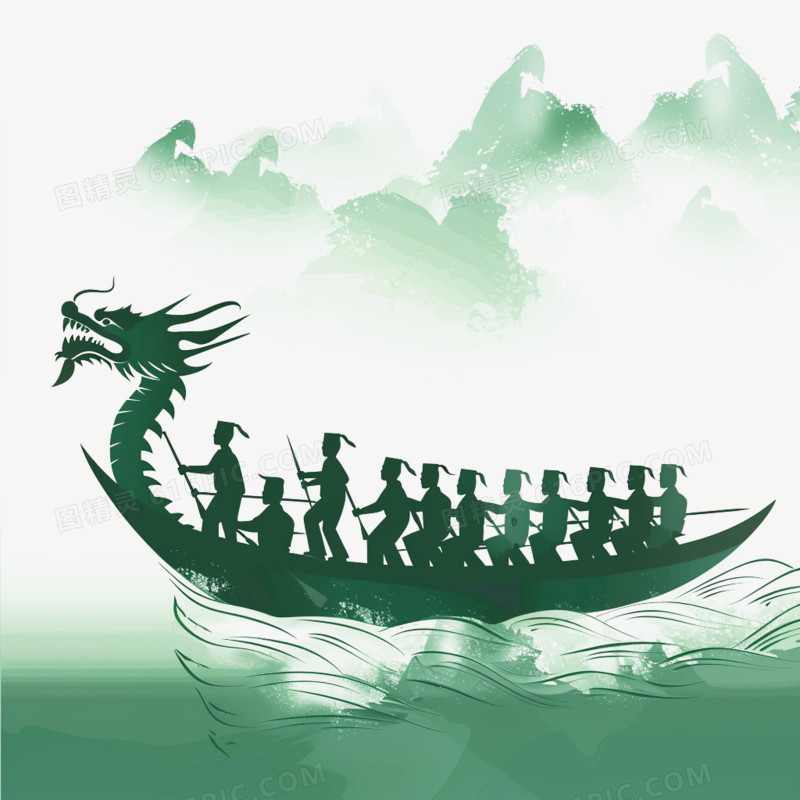 端午节传统活动赛龙舟绿色渐变剪影免抠元素