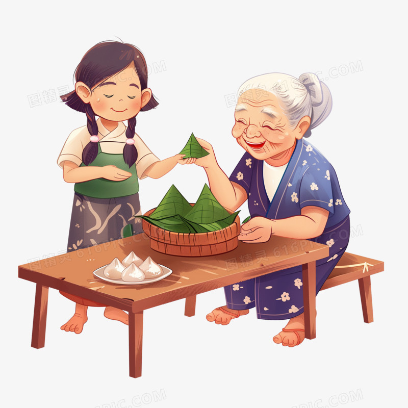 端午节小女孩和奶奶一起包粽子