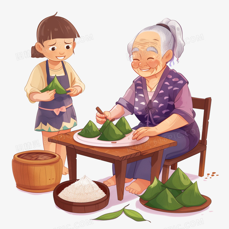 端午节小女孩和奶奶一起包粽子