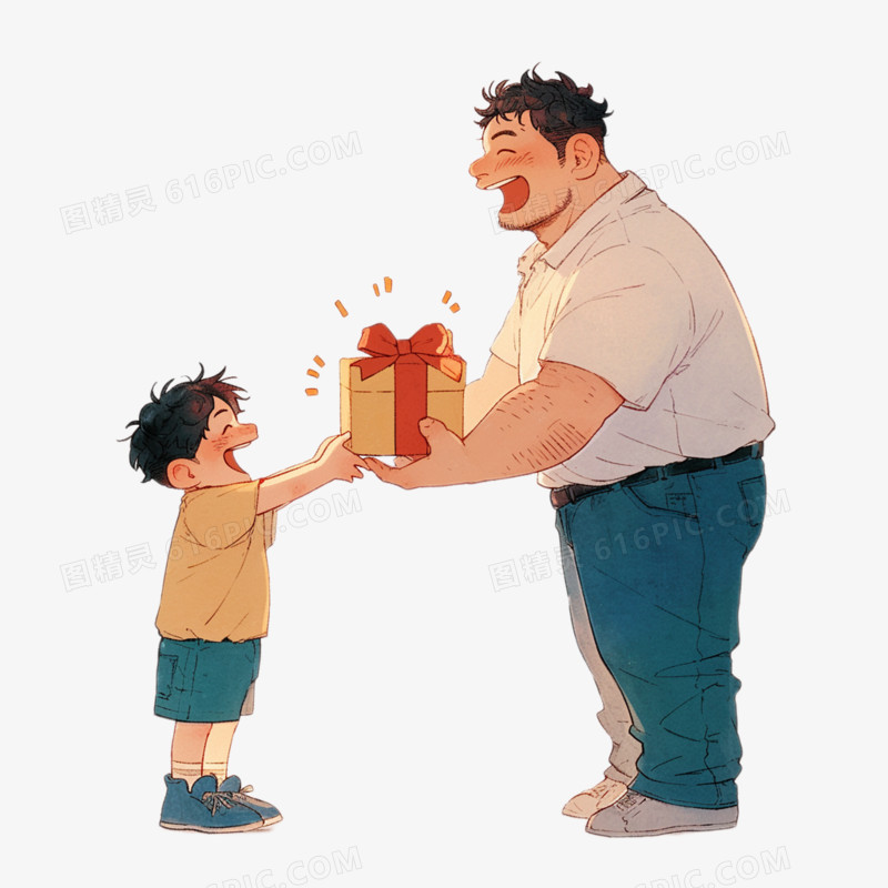 卡通风父亲节孩子给父亲送礼物免抠元素