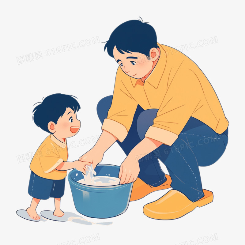 插画风父亲节父亲和孩子洗手场景免抠元素