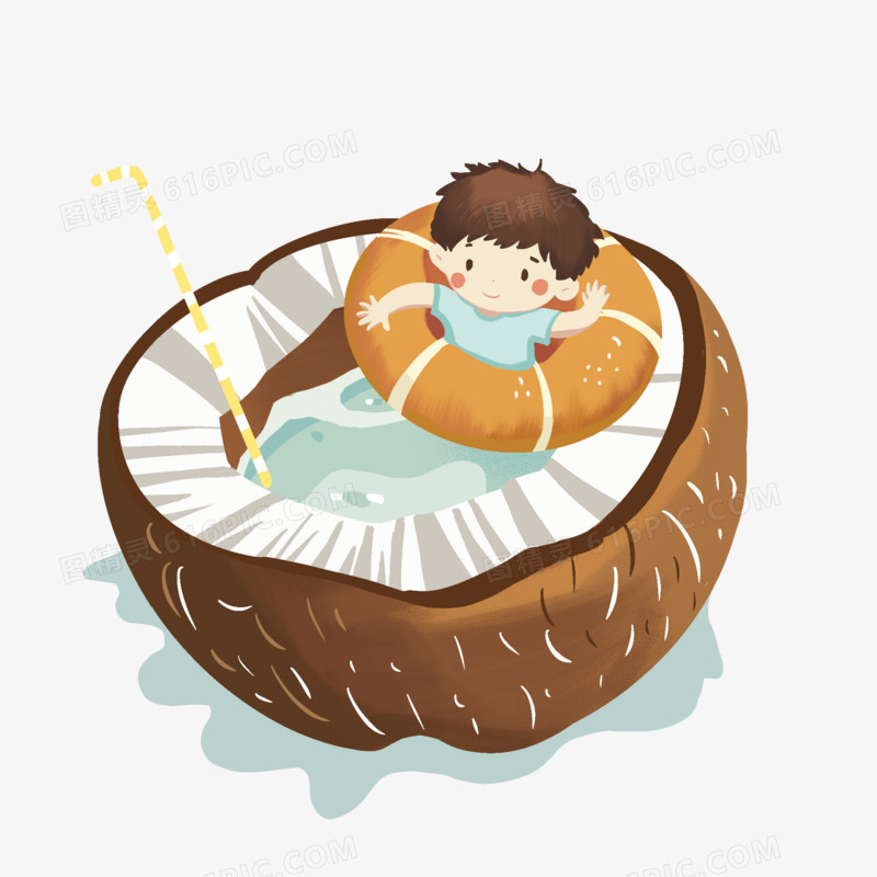 椰子里乘凉避暑的男孩插画免抠元素
