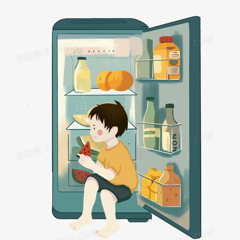 插画夏天炎热躲进冰箱里的男孩元素
