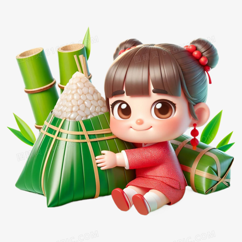 3D立体端午节粽子和小女孩免抠元素