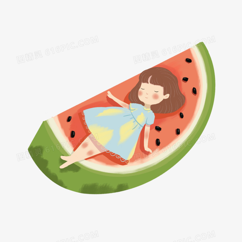 夏天躺在西瓜上的女孩插画元素