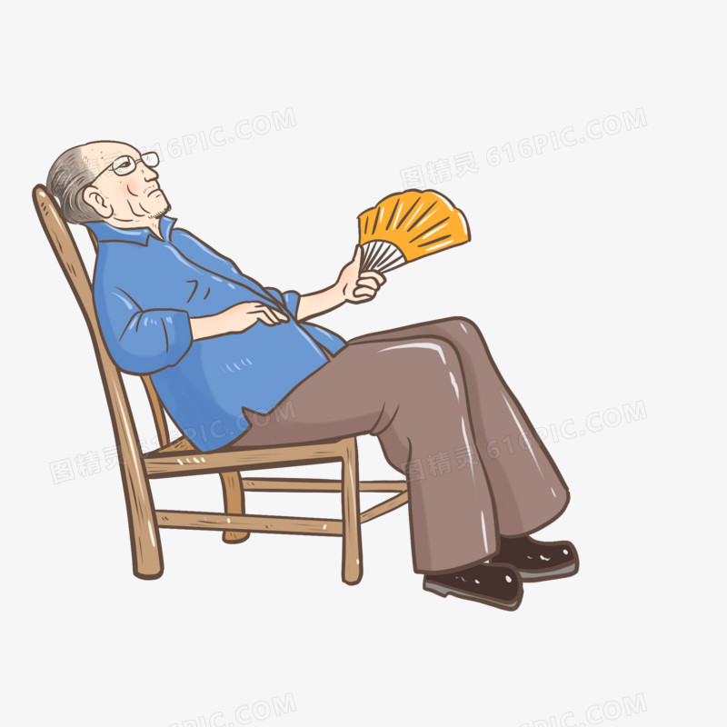 手绘躺椅上乘凉的老人免抠元素
