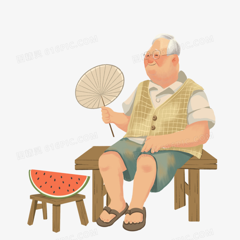手绘老人坐在板凳上乘凉插画元素