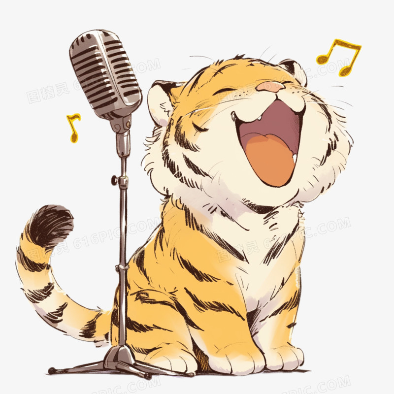 插画风唱歌的可爱的小老虎免抠元素