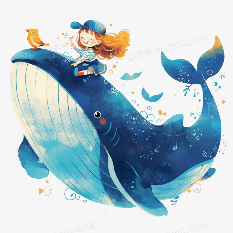 可爱卡通女孩坐在巨大的鲸鱼上免抠元素