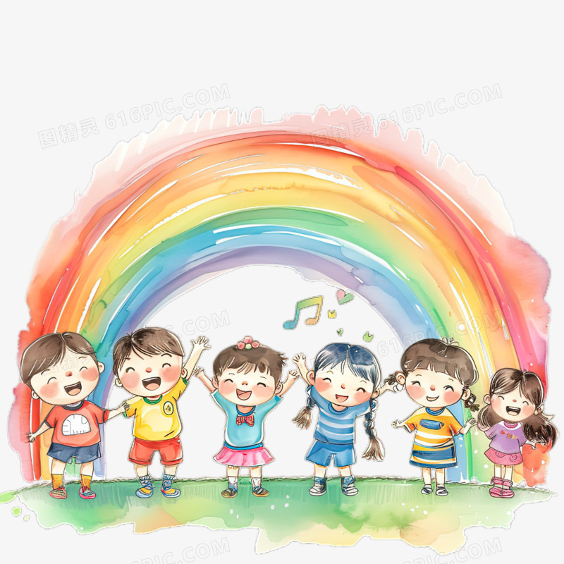 手绘卡通彩虹可爱的男孩女孩免抠元素