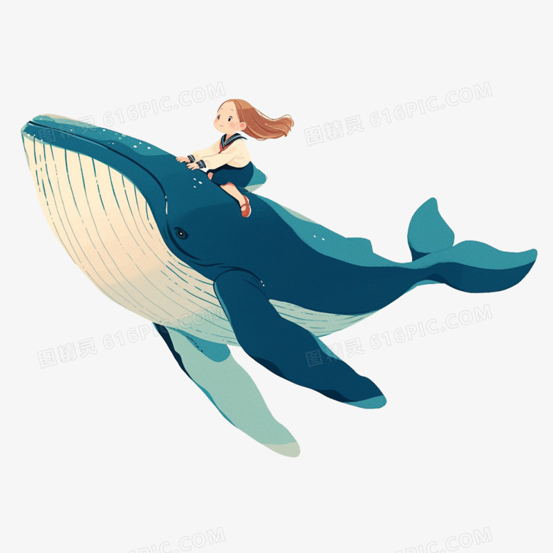 可爱卡通女孩坐在巨大的鲸鱼上免抠元素
