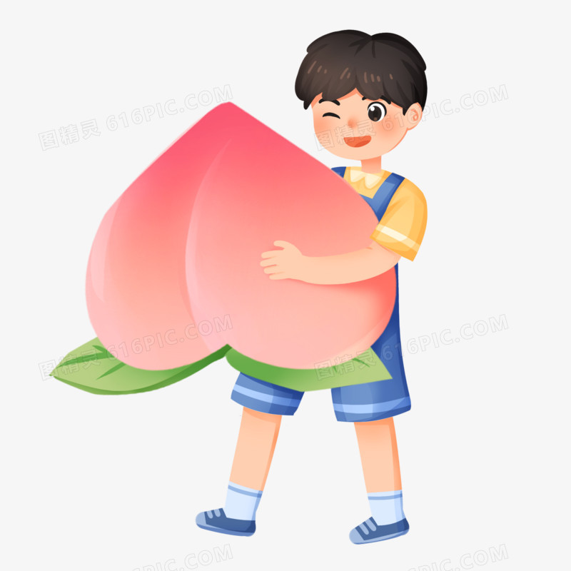 手绘插画抱着桃子的男孩免抠素材