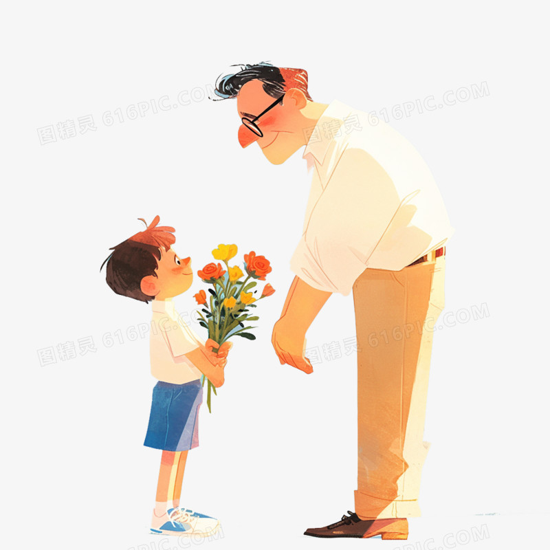 父亲节小男孩送鲜花给爸爸免抠元素
