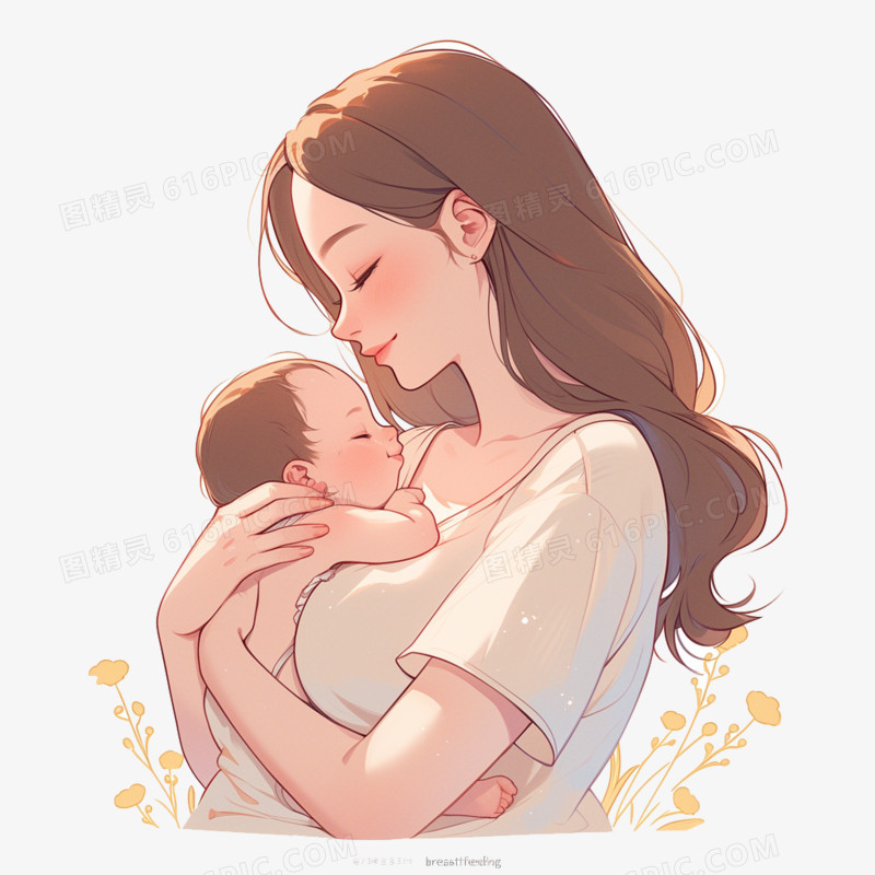 手绘卡通妈妈和婴儿母乳喂养免抠元素