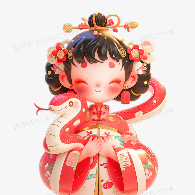 蛇年春节可爱的少女和守护蛇神卡通免抠元素