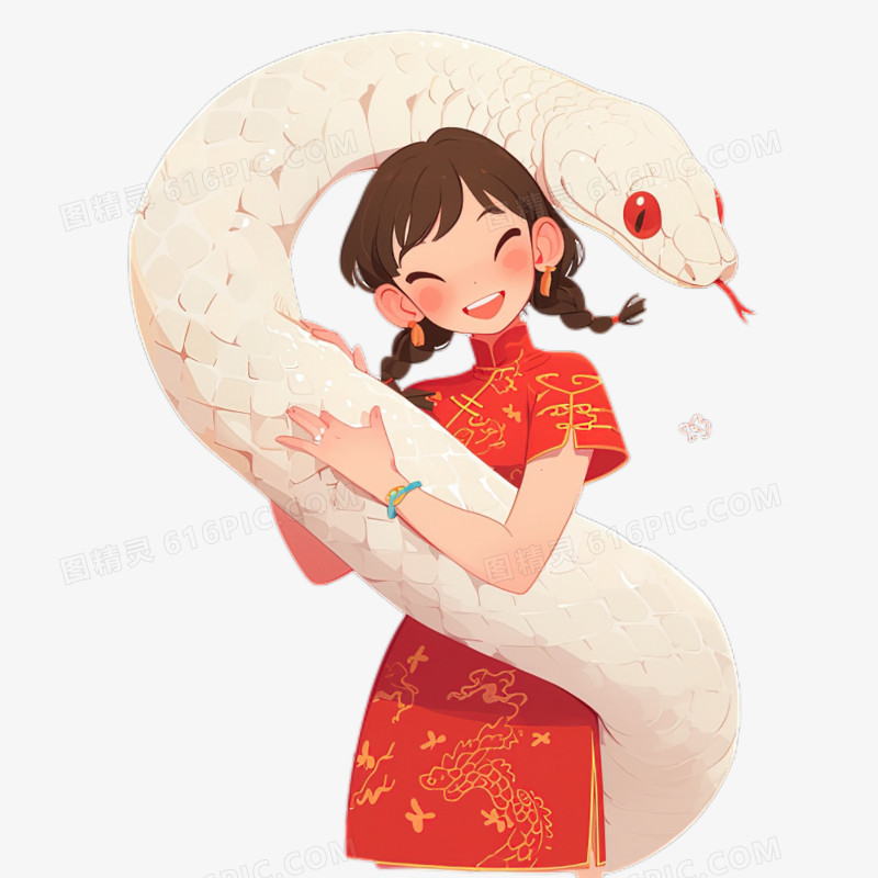 蛇年春节可爱的少女和守护蛇神卡通免抠元素
