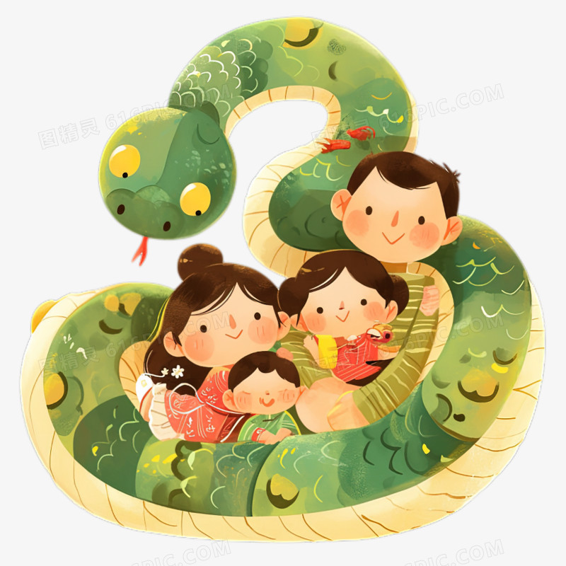 水彩手绘蛇年一家人和守护蛇神卡通免抠元素