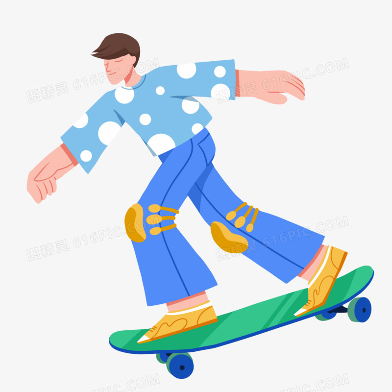 手绘扁平风夸张人物青年滑滑板免抠元素