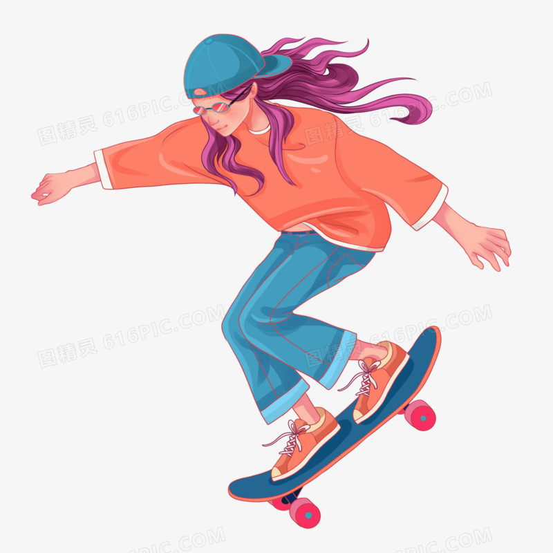 手绘女生滑滑板免抠元素