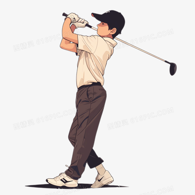 插画风一个年轻男孩在打高尔夫免抠元素