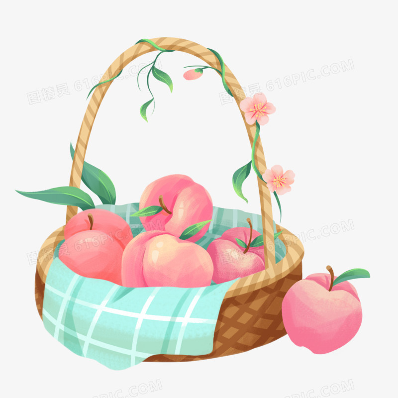 手绘篮子里的水蜜桃免抠元素