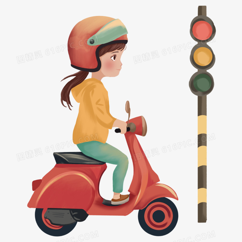 手绘电动车女孩戴头盔骑车插画免抠元素