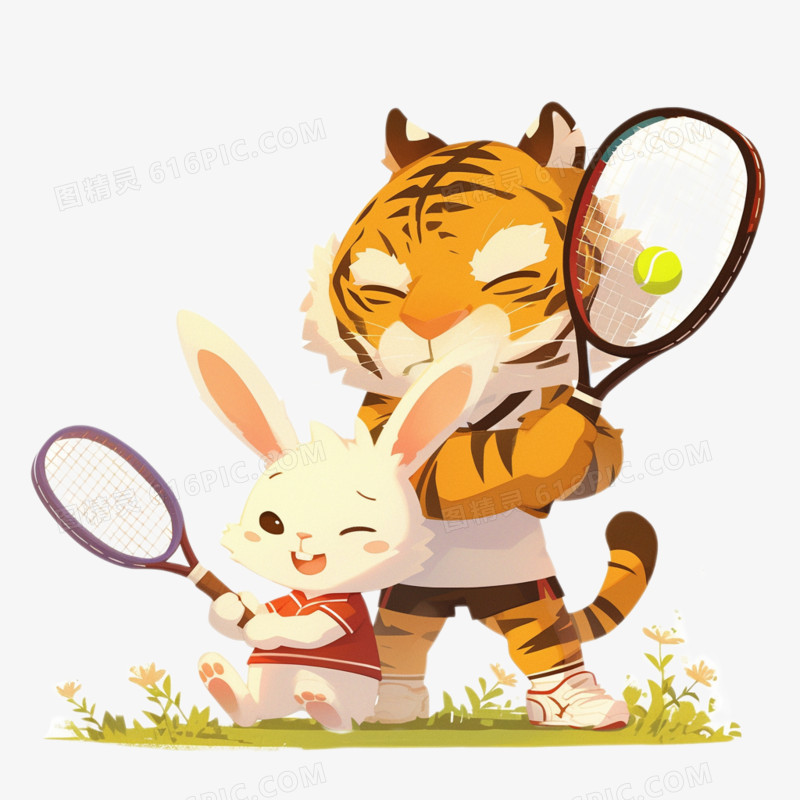 插画风兔子和老虎在打网球免抠元素
