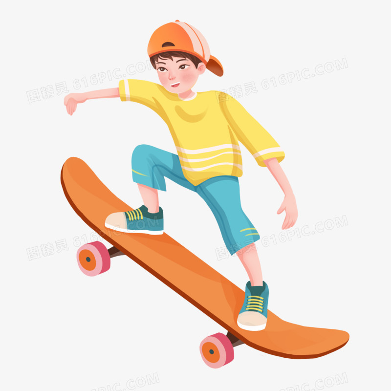 手绘男生滑滑板免抠元素
