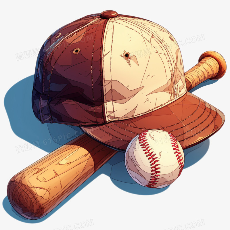 插画风运动装备棒球帽球棒棒球免抠元素