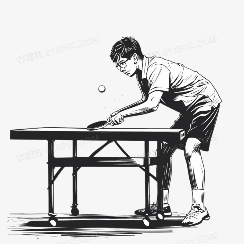 黑白色插画一个戴眼镜的中国青年在打乒乓球免抠元素