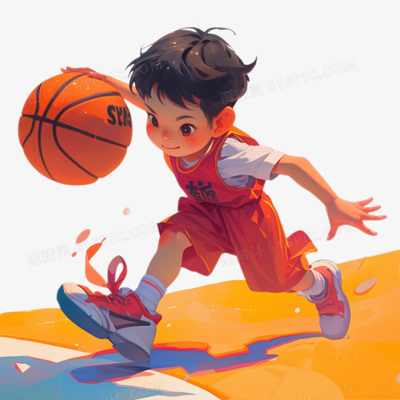 插画一个小男孩在篮球场打篮球免抠元素