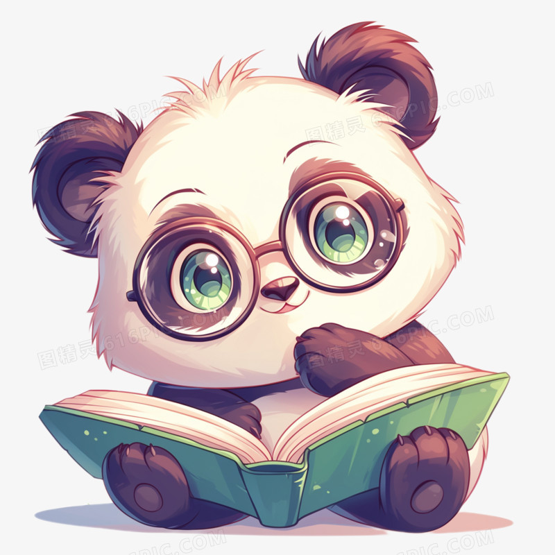 插画风戴眼镜的熊猫在看书免抠元素