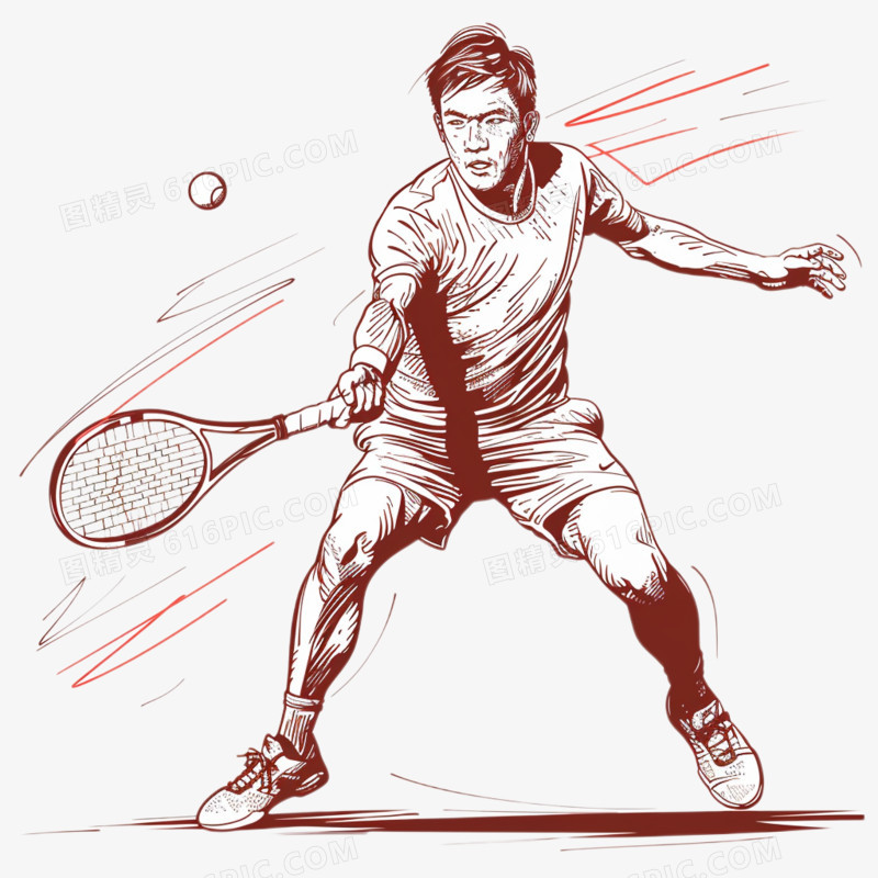 插画一个中国青年在打网球免抠元素