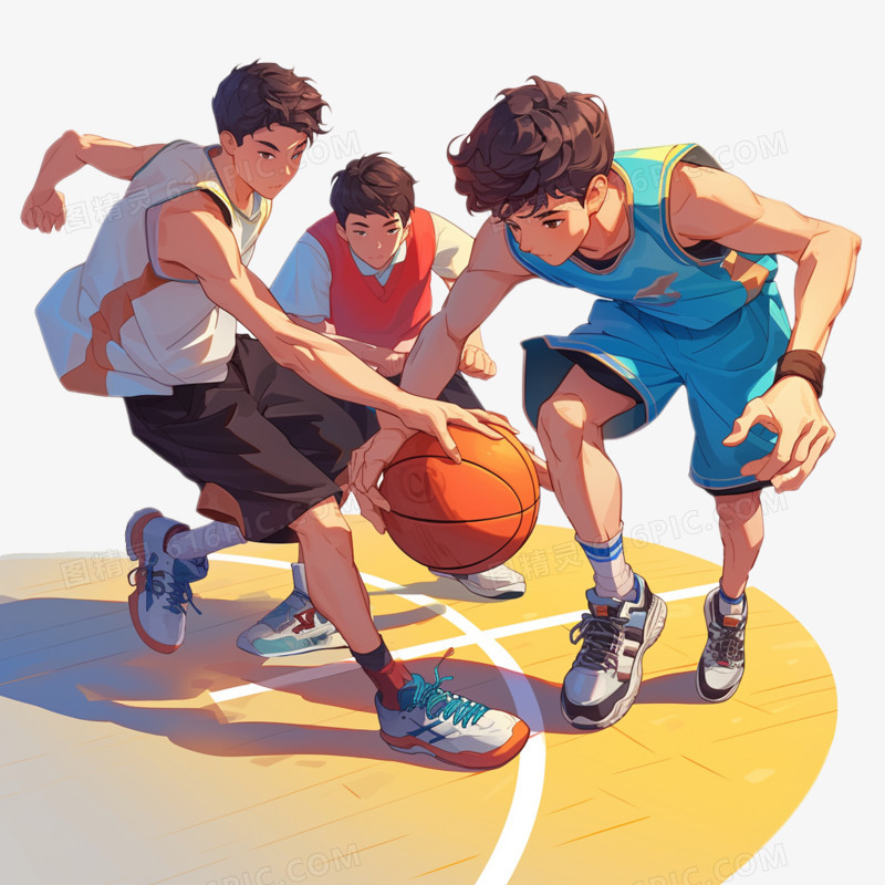 插画风三个年轻男孩在篮球场打篮球免抠元素