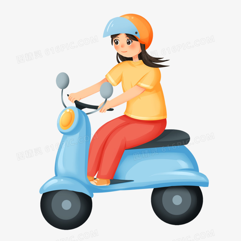 手绘插画戴头盔骑车的女生免抠素材