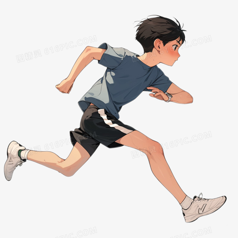 插画一个蓝衣年轻男孩跑步免抠元素