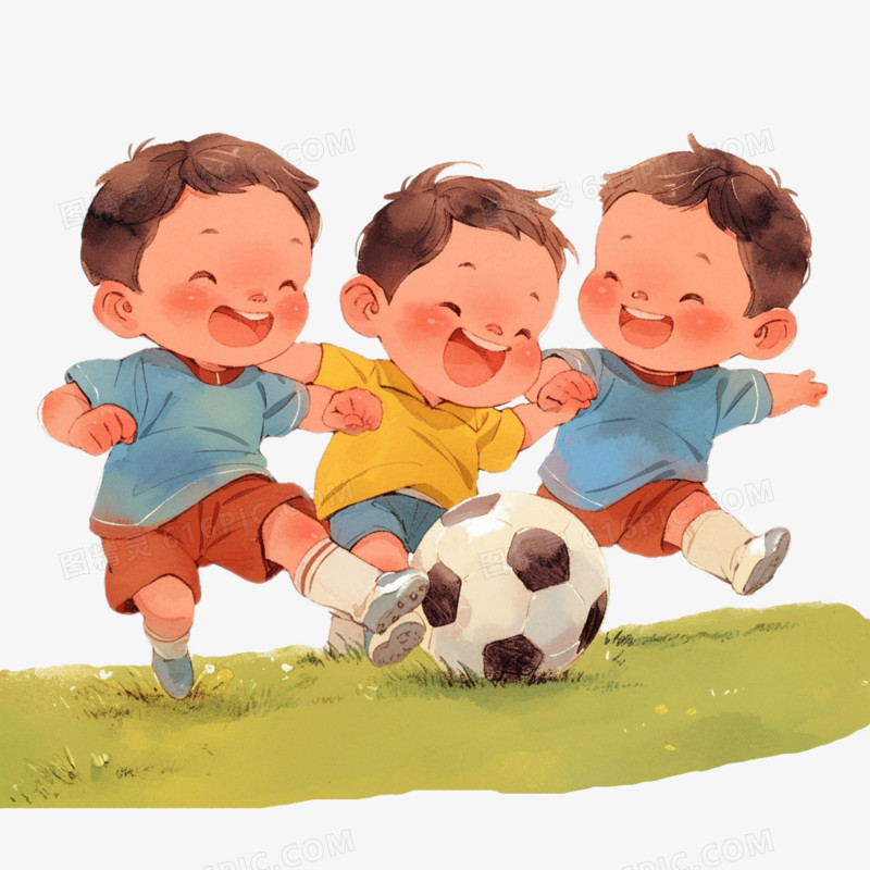 插画风三个小男孩在草地上踢足球免抠元素