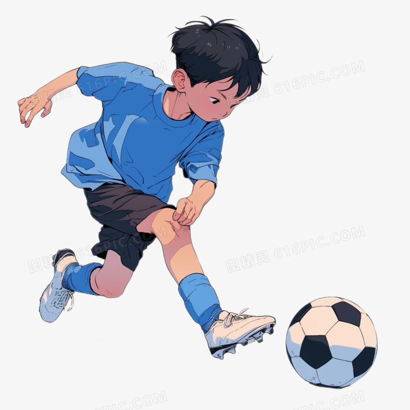 插画风一个小男孩在踢足球免抠元素